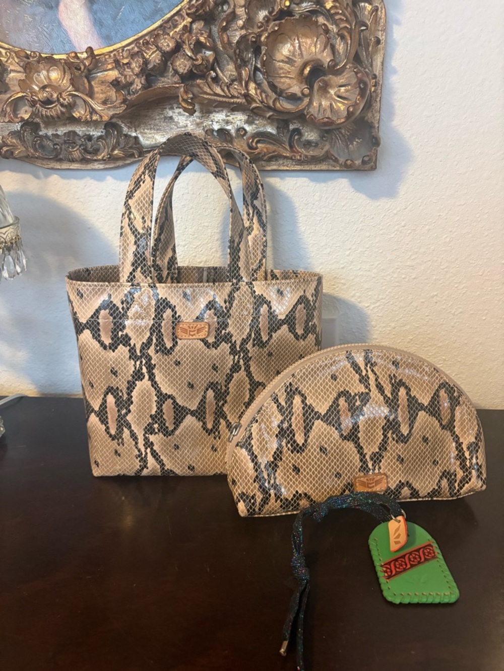 Consuela Snake Print Tote and Cosmetic Pouch - Neutral Python Pattern